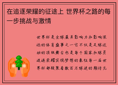 在追逐荣耀的征途上 世界杯之路的每一步挑战与激情